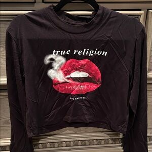 True Religion Black Crop Top with Red Lips Graphic